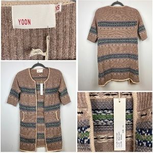 RARE Anthropologie by Yoon Quarter Sleeve Knitted Cardigan Patterned w Pockets